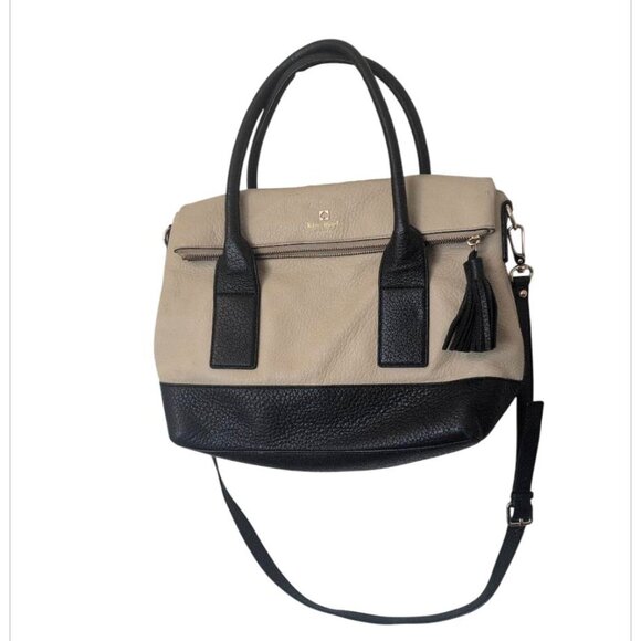VTG Kate Spade NY Cream/Black Fold Over Handbag Tassel Pebbled Crossbody Strap - Picture 1 of 6